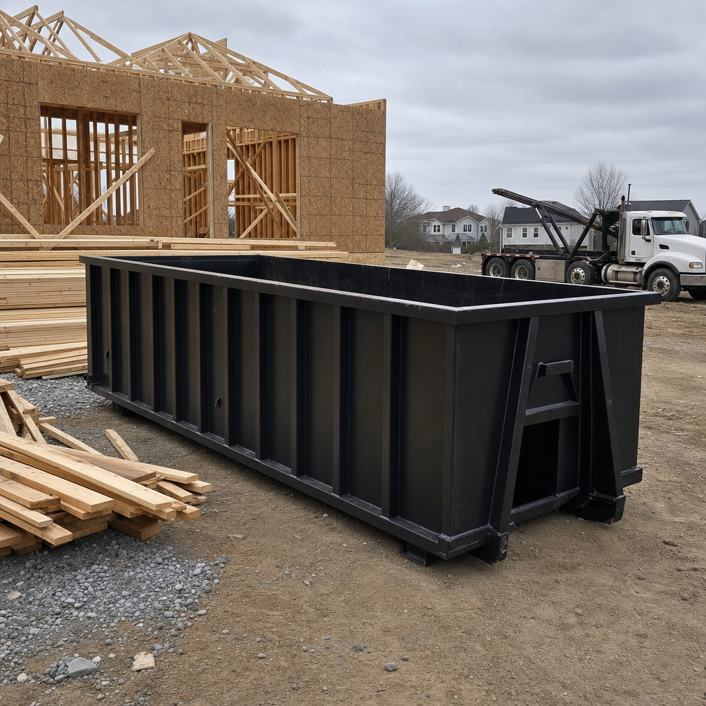 Matte-black 40-yard roll-off dumpster staged on a framed-out residential construction site in Honolulu, framing lumber stacked nearby, hooklift delivery truck visible in the background under bright Colorado daylight