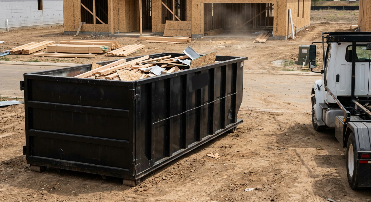 Matte-black 20-yard roll-off construction dumpster with heavy ribbed steel sidewalls and swing rear doors at a working jobsite in Honolulu, sitting directly on compacted dirt with an unmarked white hauler partially visible at the far edge of the frame.