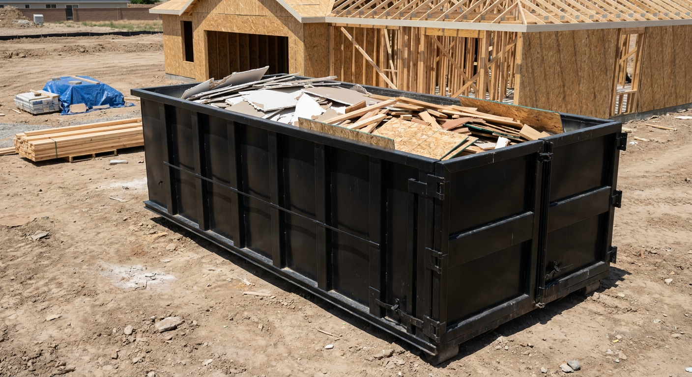 Matte-black 30-yard roll-off construction dumpster sitting directly on the compacted-dirt site of a framed single-family home build in Honolulu, drywall and lumber scrap loaded inside.
