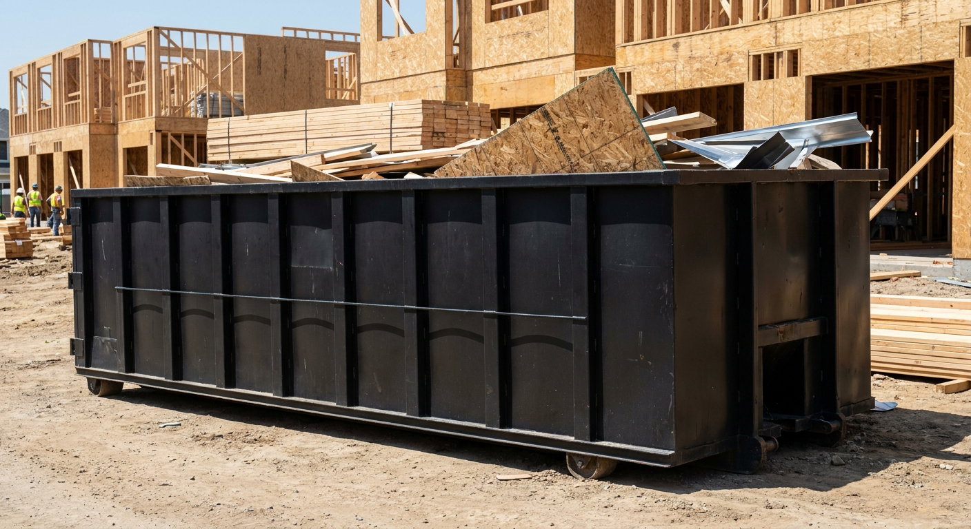 Matte-black 40-yard roll-off construction dumpster being lowered from a white-cab hooklift delivery truck onto the compacted-dirt jobsite at a commercial build site in Honolulu