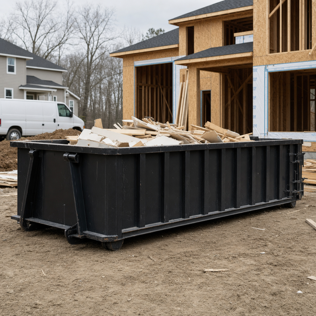 Worker in a yellow high-visibility vest tossing framing lumber and broken drywall into a matte-black 30-yard construction roll-off dumpster on an active build site in Honolulu, bright daylight