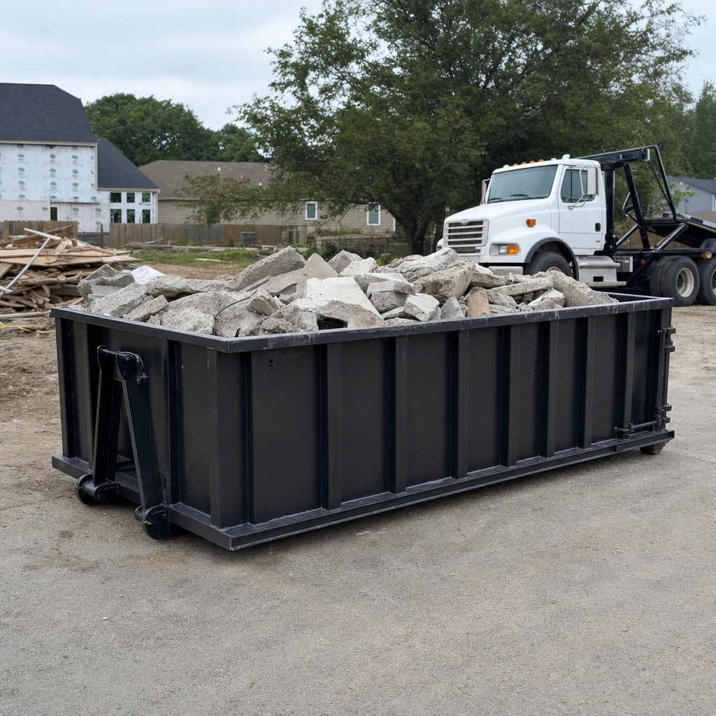 Low-profile matte-black lowboy roll-off dumpster loaded with broken concrete slab and rebar at a foundation tear-out in Honolulu, skid steer parked beside it, sunny Colorado morning
