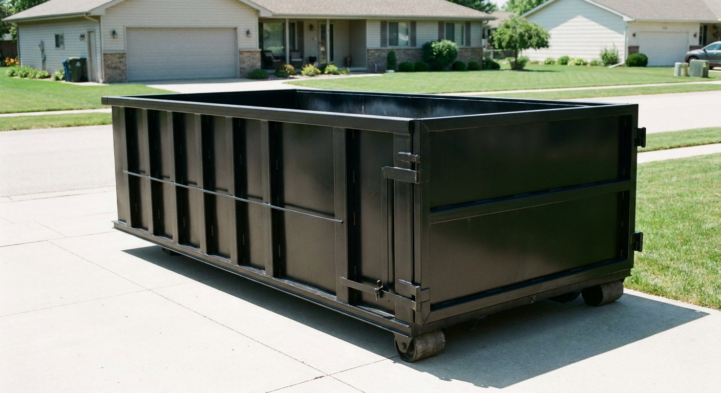 Matte-black 10-yard roll-off dumpster on a residential concrete driveway in Honolulu, uniformly painted matte black across every panel and rail, ribbed steel sidewalls and rear swing door visible, mid-day daylight.
