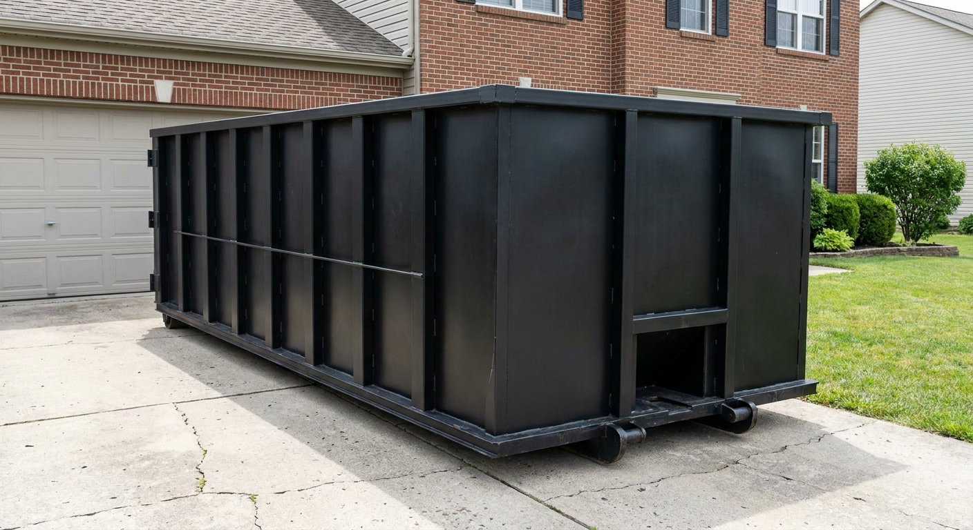 Matte-black 20-yard roll-off container on a Honolulu residential concrete driveway with reinforced ribbed steel sidewalls and a hinged rear walk-in door, clean bright daylight.