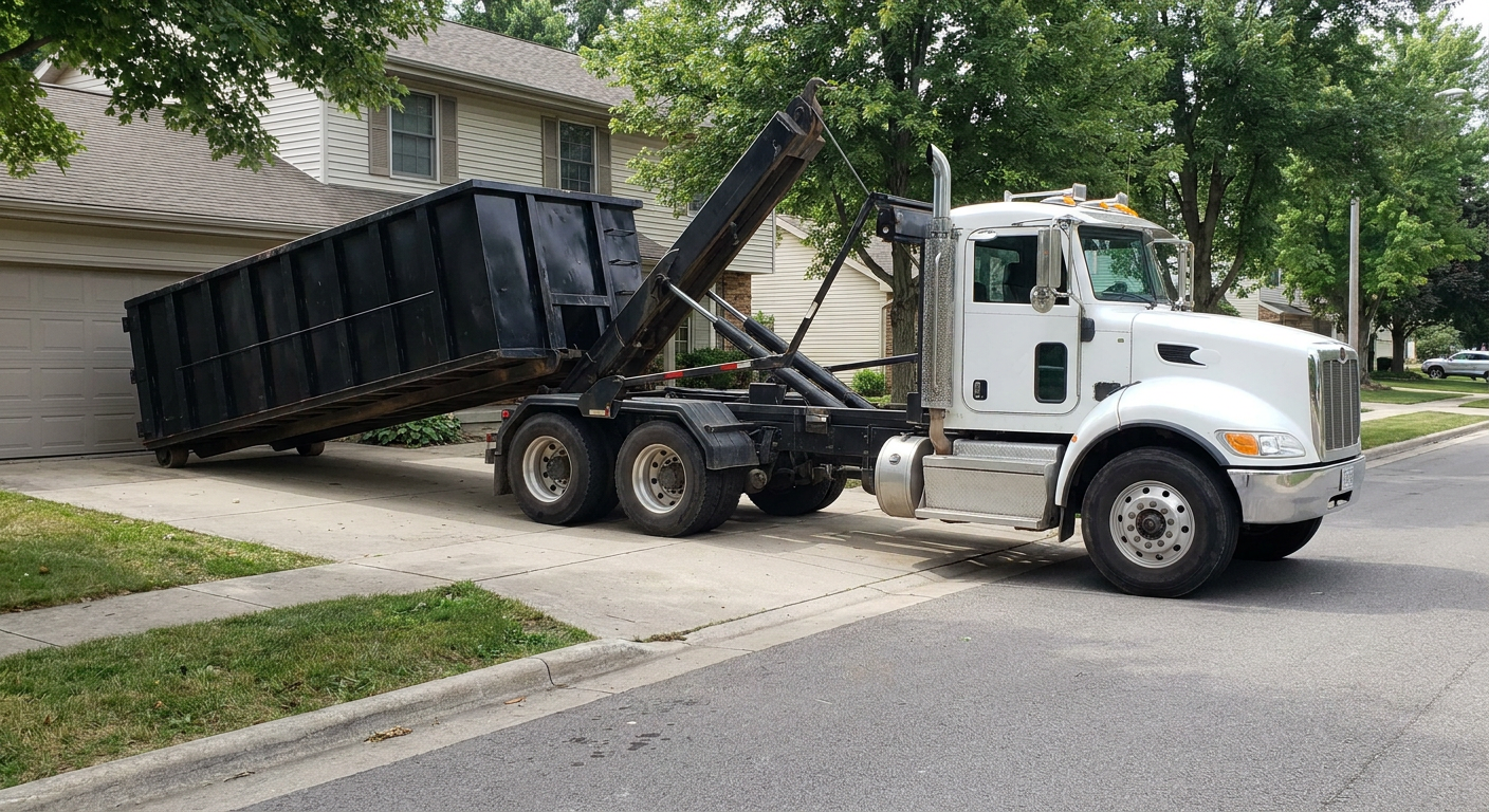 White-cab hooklift roll-off truck actively lowering a matte-black dumpster onto a Honolulu residential concrete driveway, the dumpster's rear wheels touching the driveway as the hoist arm tilts the bed forward, mid-morning daylight.