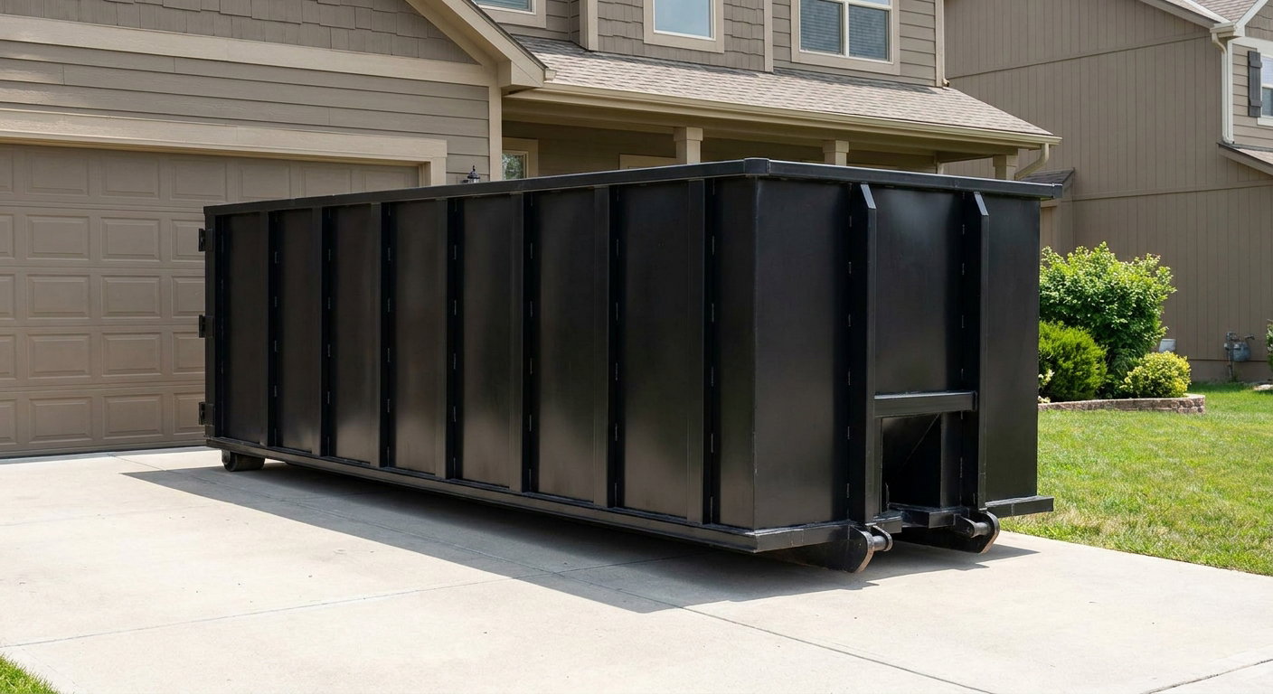 Matte-black residential roll-off dumpster sitting directly on a suburban Honolulu concrete driveway, garage door closed, single-family home in background, bright morning daylight.