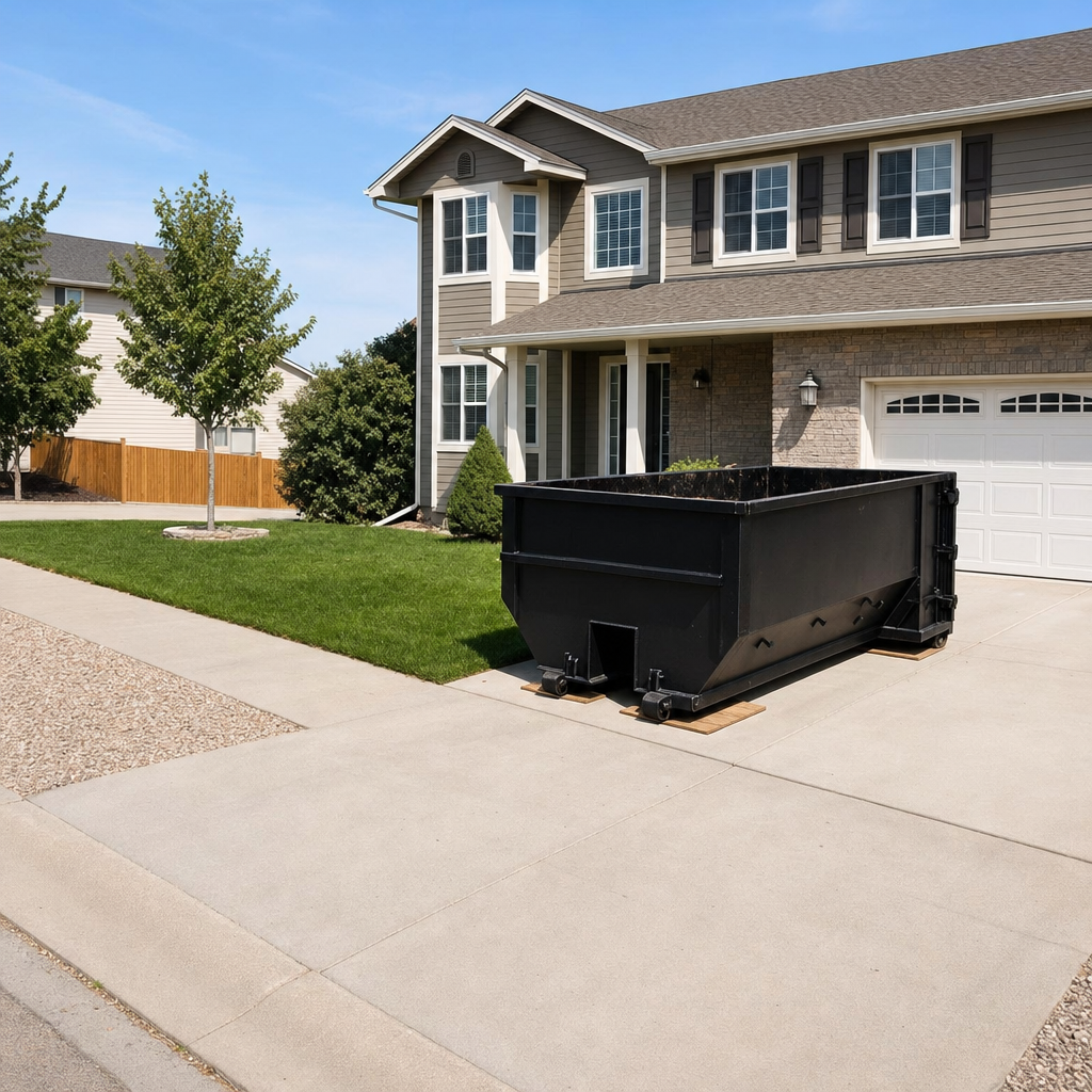 10-yard matte-black residential dumpster placed directly on a narrow Honolulu concrete driveway, room remains for a parked sedan beside it, mid-morning natural light