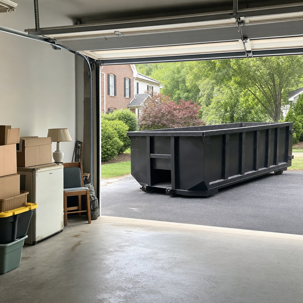 Open garage interior in a Honolulu home mid-cleanout — boxed items, an old appliance, and stacked yard tools queued near the driveway for a matte-black roll-off dumpster, organized and calm