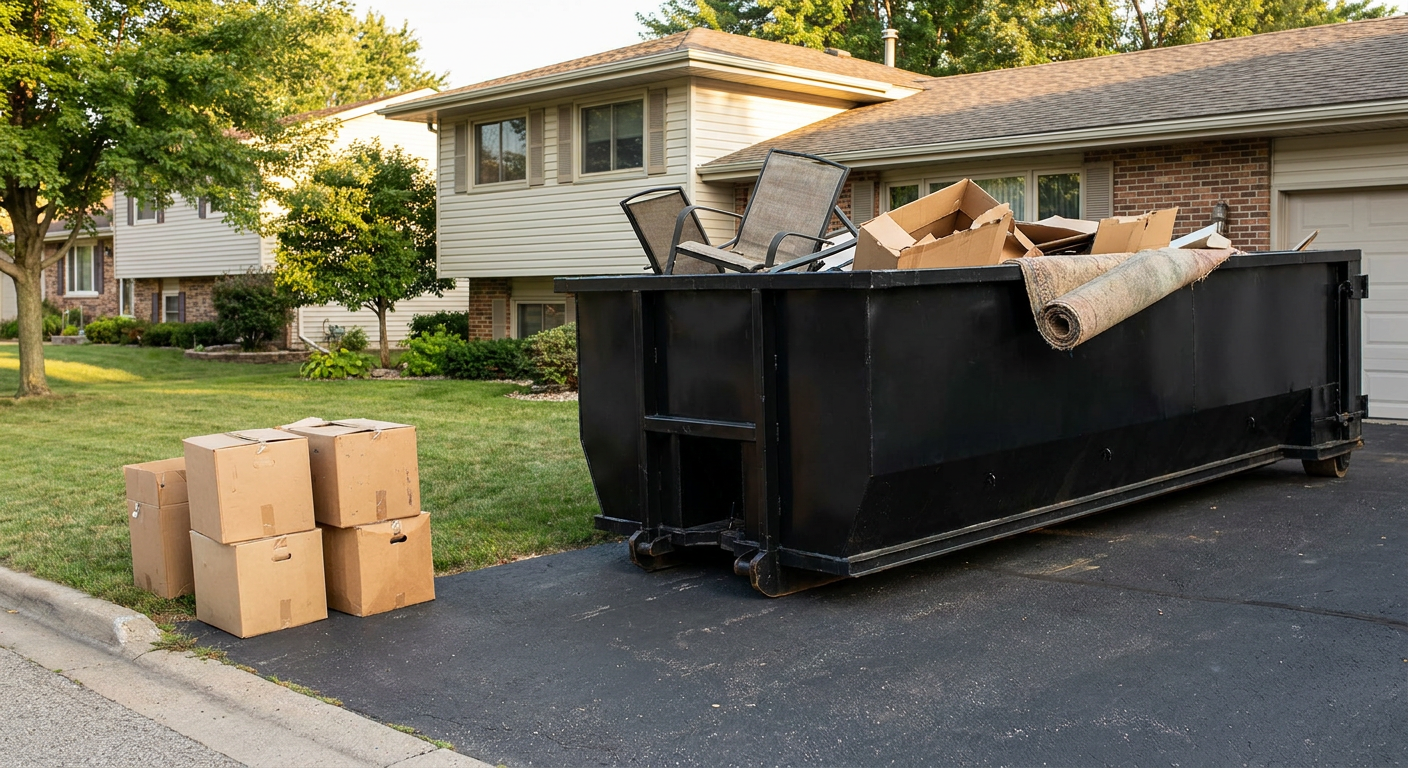 Front-yard view of a Honolulu split-level home with a 20-yard matte-black roll-off dumpster sitting directly on the asphalt driveway, a few clearly labeled donation boxes staged at the curb, calm sunny afternoon.