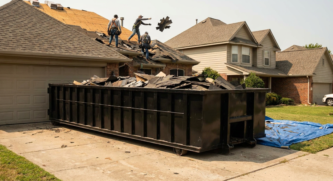 Matte-black roofing roll-off dumpster placed directly on a Honolulu residential concrete driveway, a tear-off crew on a two-story asphalt-shingle roof tossing shingle bundles into the low-walled container, bright daylight, documentary 35mm perspective.