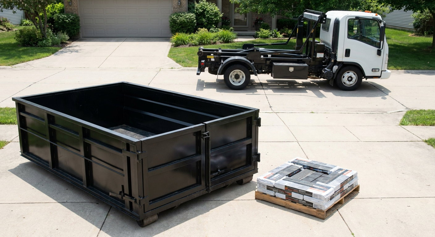 Matte-black 15-yard roofing roll-off dumpster with reinforced low side walls sitting directly on a Honolulu residential concrete driveway, three-tab asphalt shingle bundles stacked nearby, an unmarked white hauler truck partially visible at the edge of the frame.