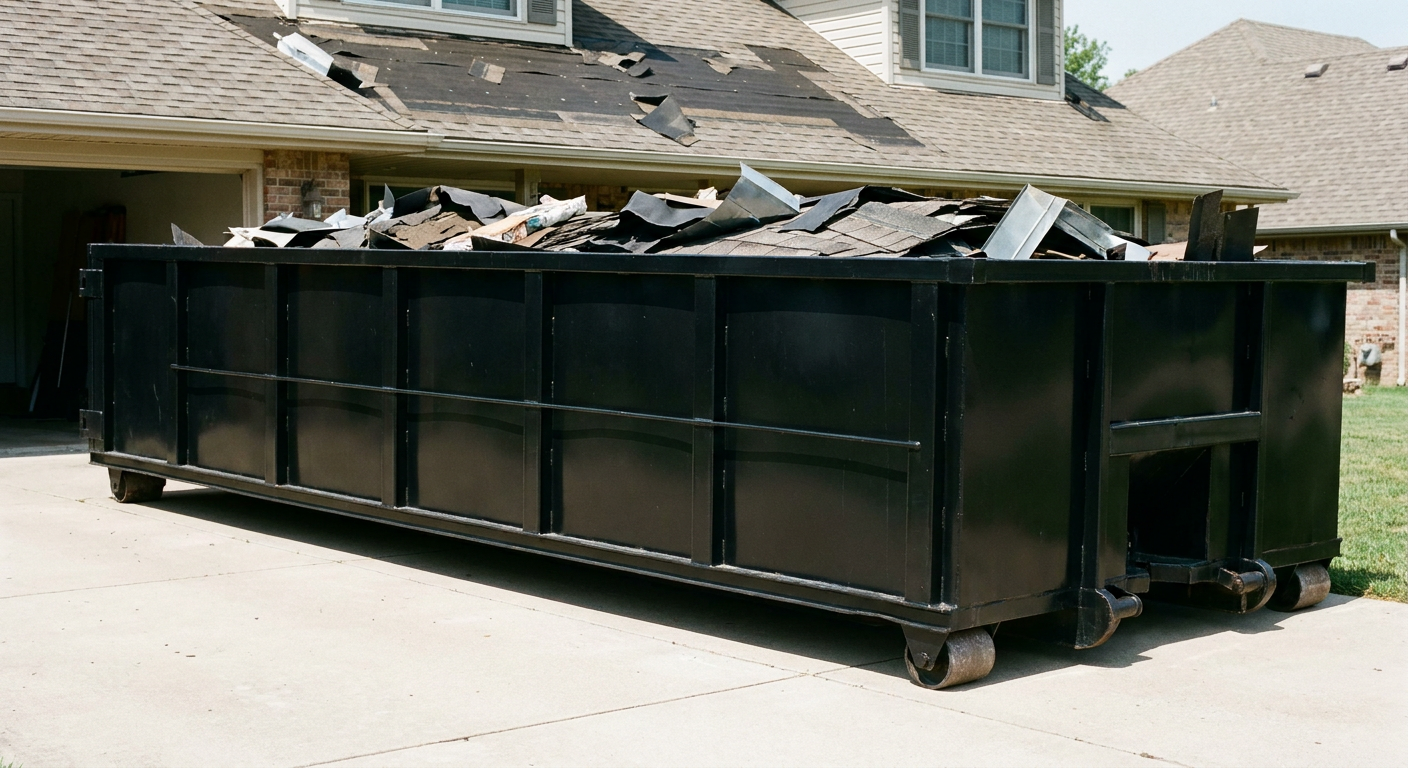 Matte-black 20-yard roofing roll-off dumpster with steel ribbed sides and swinging rear door, sitting directly on the concrete driveway of a two-story Honolulu home, asphalt shingle debris being loaded over the low wall, clean documentary lighting.