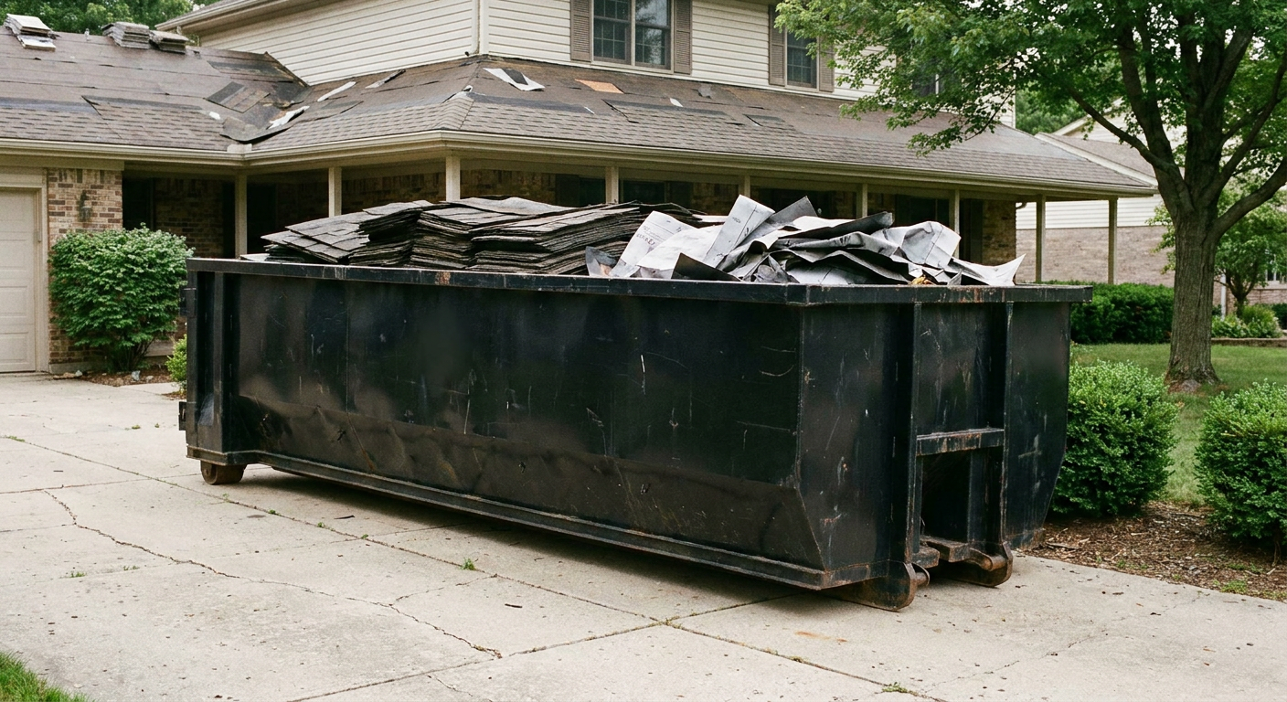 Matte-black 30-yard roofing roll-off dumpster sitting directly on a Honolulu concrete driveway, taller ribbed steel side panels, mixed tear-off debris of asphalt shingles and underlayment inside, professional documentary daylight.