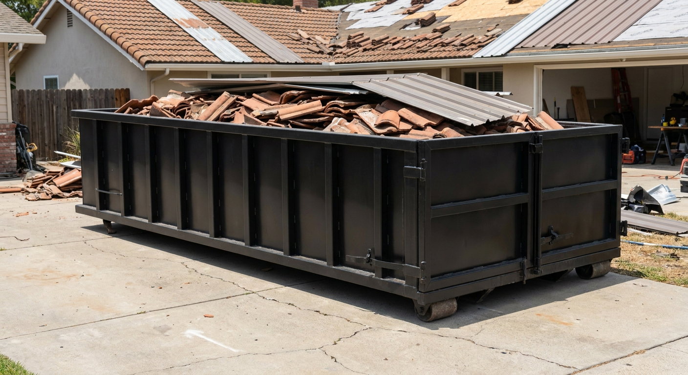 Matte-black low-wall heavy-debris roofing roll-off dumpster sitting directly on a Honolulu concrete driveway, broken concrete clay roof tiles and metal panel sections loaded inside, reinforced ribbed steel side walls visible, bright outdoor daylight.