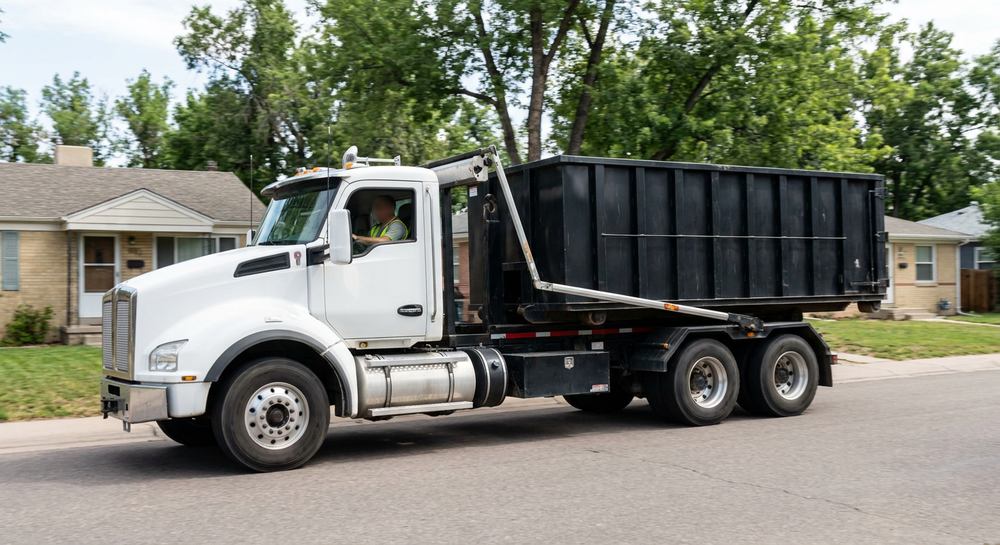 A wide documentary shot of a matte-black roll-off delivery truck pulling onto a quiet Honolulu residential street at mid-morning, with neighborhood rooftops and tree-lined blocks visible behind, showing the metro coverage footprint.