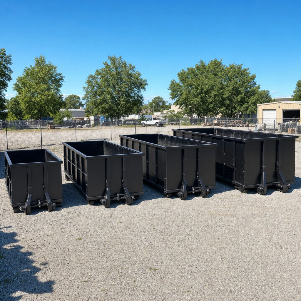 A clean lineup of matte-black roll-off dumpsters in 10, 20, 30, and 40-yard sizes staged on a sunlit gravel yard in Honolulu, showing the size progression from compact to commercial-scale containers.