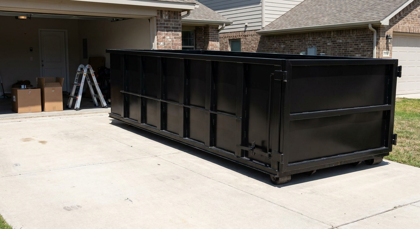 A matte-black 10-yard roll-off dumpster sitting directly on a residential Honolulu concrete driveway, mid-day sunlight, clean and ready for a garage cleanout.