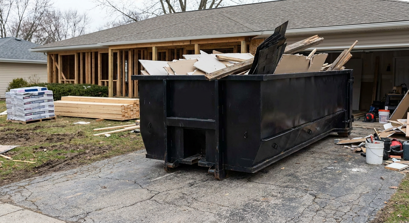 A matte-black 20-yard roll-off dumpster placed alongside a mid-renovation Honolulu home directly on the asphalt driveway, with framing materials and torn-off shingles staged neatly nearby.
