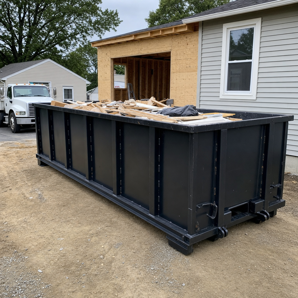 A matte-black 30-yard roll-off dumpster positioned at a Honolulu residential addition jobsite, with framing lumber and drywall scraps loaded through the open swinging rear doors.