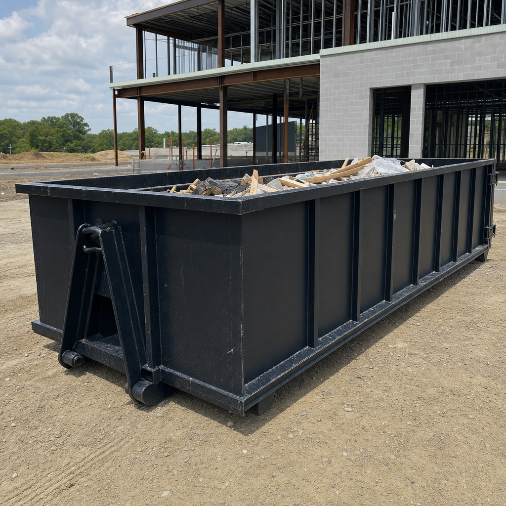 A matte-black 40-yard roll-off dumpster staged on a large Honolulu commercial construction lot, with a hooklift delivery truck parked alongside under bright midday sky.