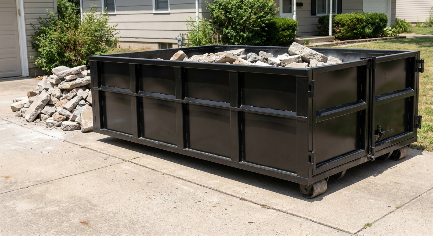 A matte-black low-side heavy-debris roll-off dumpster placed directly on a Honolulu concrete driveway, with broken concrete chunks neatly stacked beside it under clean daylight.